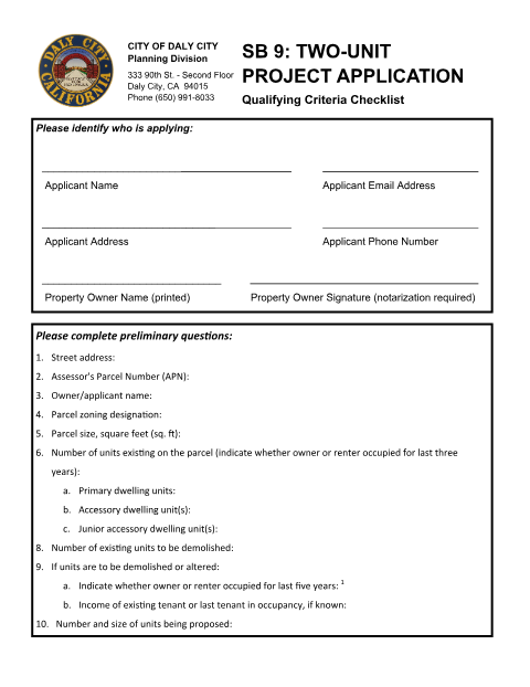 First page of the SB 9 Two-Unit Project Application
