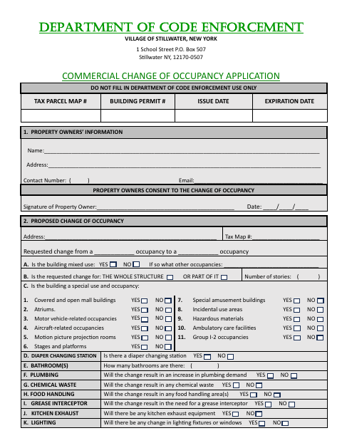 First page of the Commercial Change of Occupancy Application
