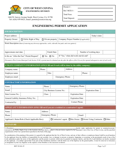 First page of the Engineering Permit Application