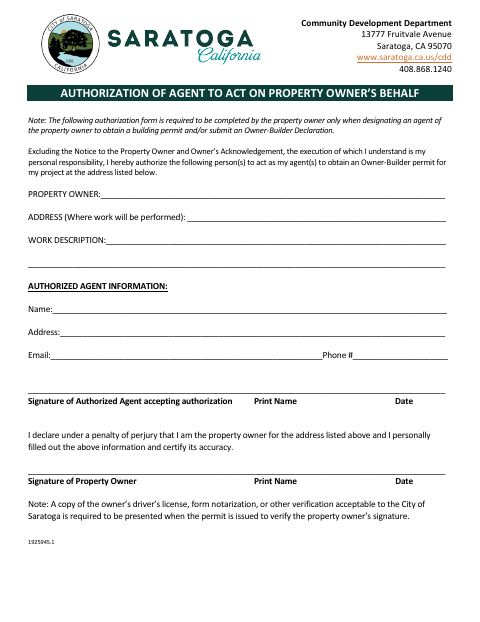 First page of the Authorization of Agent to Act on Property Owner’s Behalf