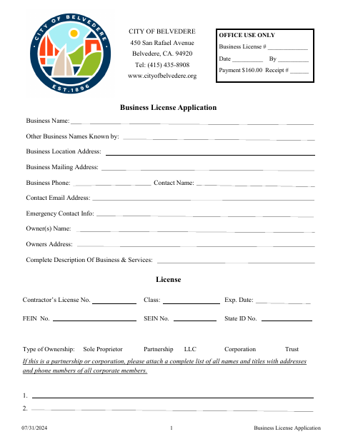 First page of the Business License Application