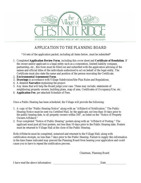 First page of the Planning Board Application Review Form