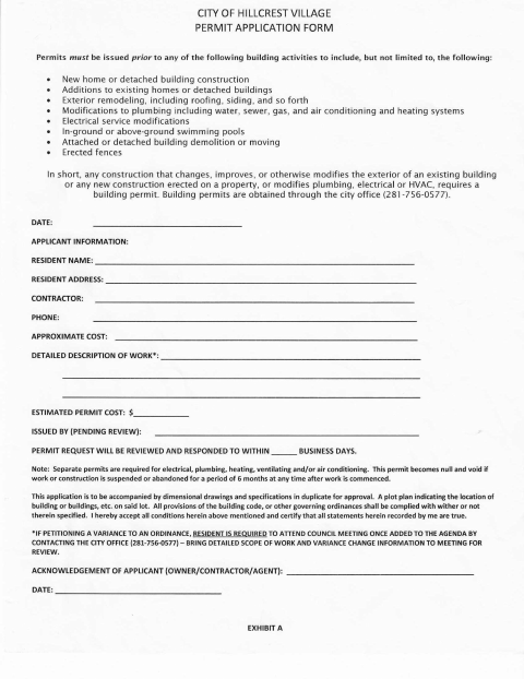 First page of the Village Permit Application Form