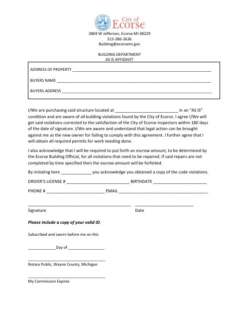 First page of the As-Is Affidavit