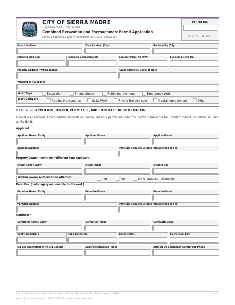 First page of the Combined Excavation and Encroachment Permit Application