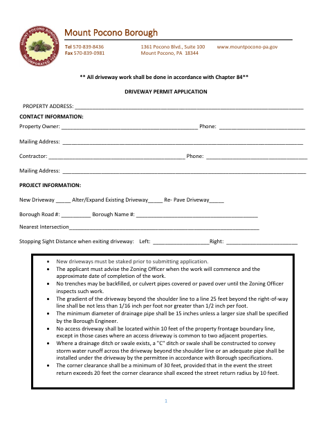 First page of the Driveway Permit Application
