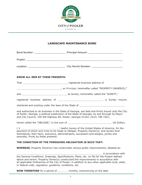 First page of the Landscape Maintenance Bond