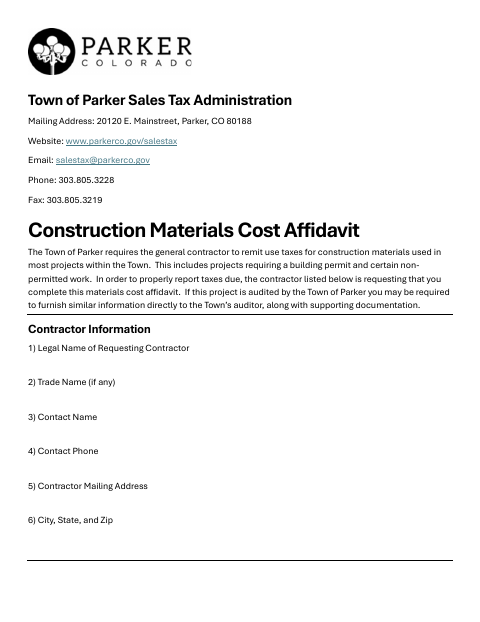 First page of the Construction Materials Cost Affidavit