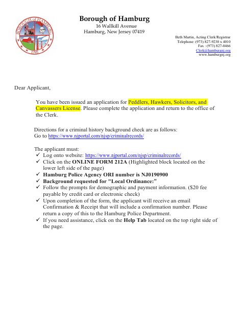 First page of the Peddlers, Hawkers, Solicitors And Canvassers License Application