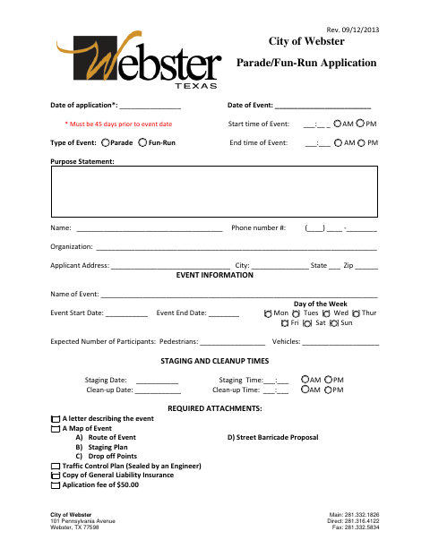 First page of the Parade/Fun-Run Application