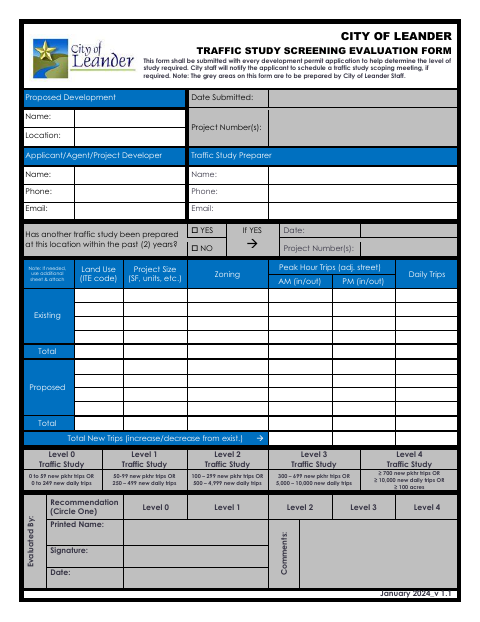 First page of the Traffic Study Screening Evaluation Form