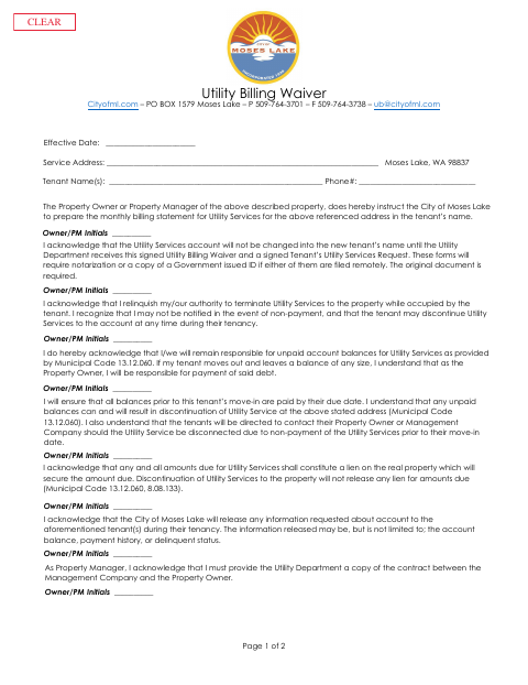 First page of the Utility Billing Waiver