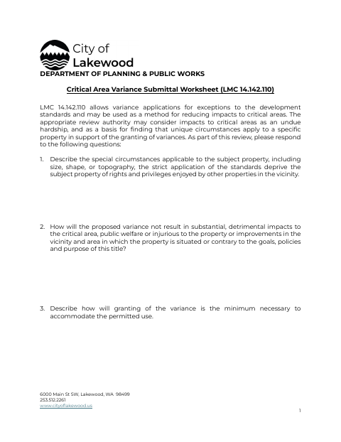 First page of the Critical Area Variance Submittal Worksheet