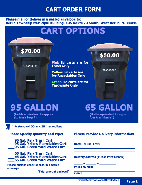 First page of the Trash and Recycling Cart Order Form