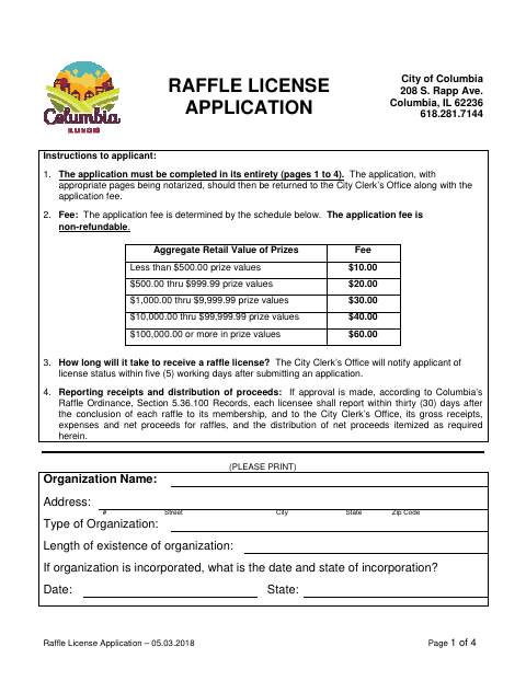First page of the Raffle License Application