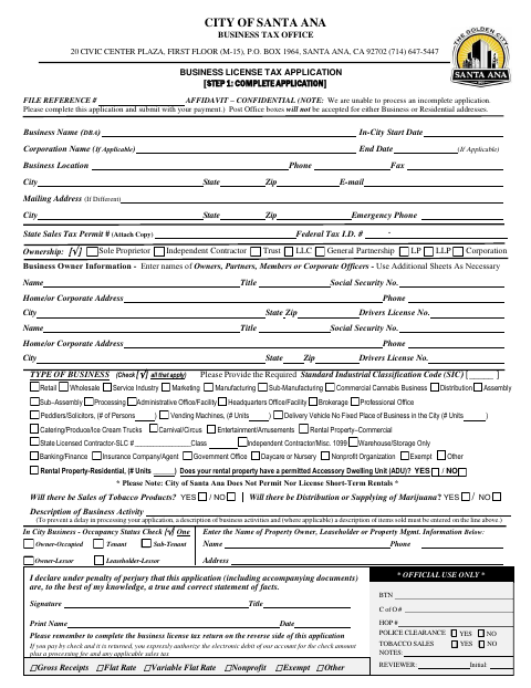 First page of the Business License Tax Application