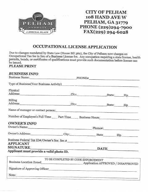 First page of the Occupational License Application and Affidavits