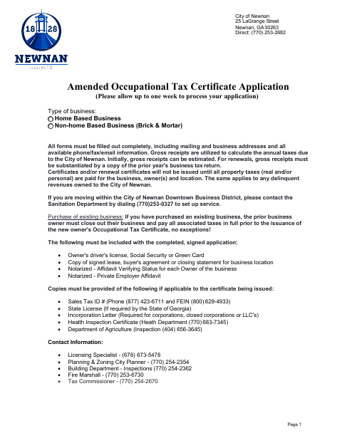 First page of the Amended Occupational Tax Certificate Application