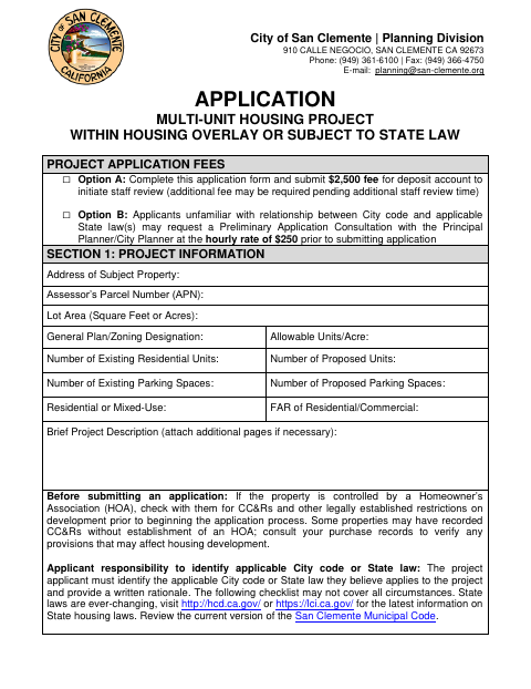 First page of the Multi-Unit Housing Project Application