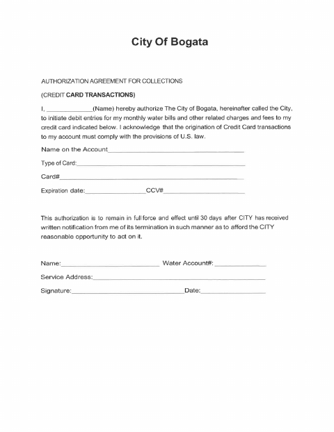 First page of the Credit Card Payment Authorization Agreement