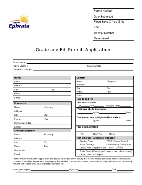 First page of the Grade and Fill Permit Application