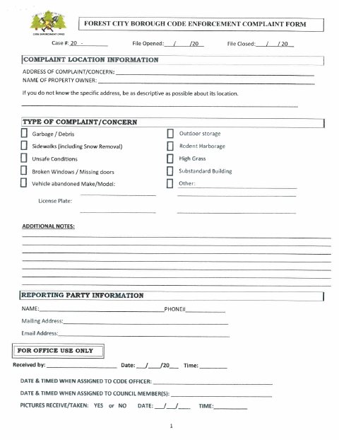 First page of the Code Enforcement Complaint Form