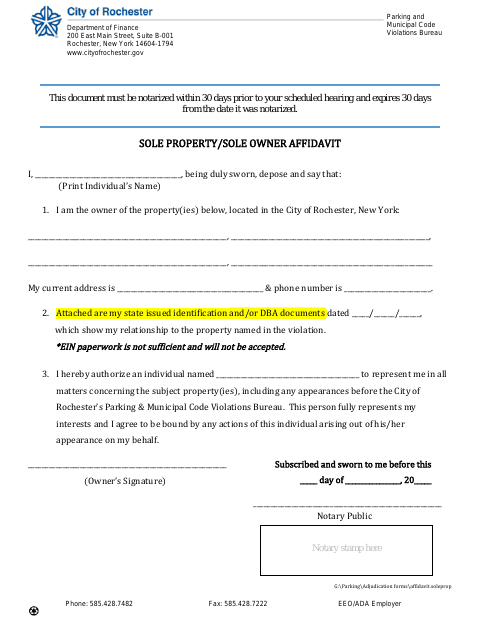 First page of the Sole Property / Sole Owner Affidavit