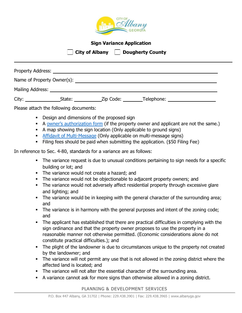 First page of the Sign Variance Application
