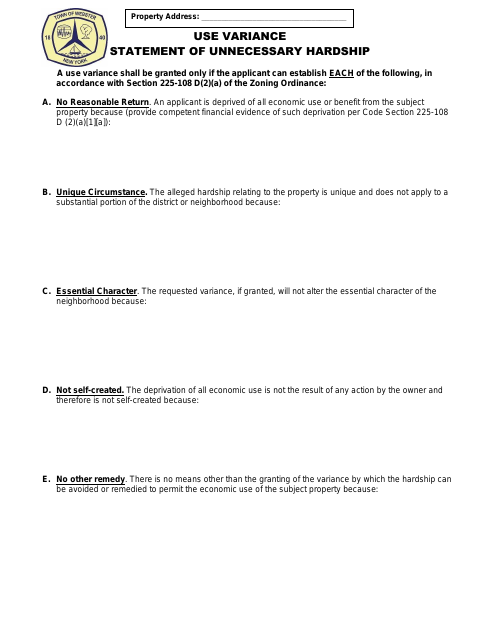 First page of the Statement of Unnecessary Hardship for Use Variance
