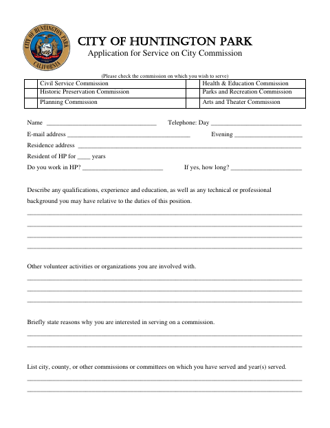 First page of the Application for Service on City Commission