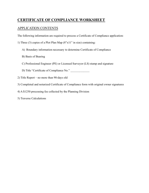 First page of the Certificate of Compliance Worksheet