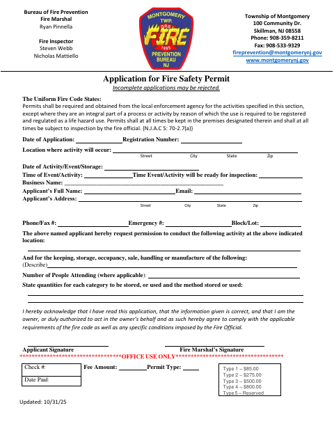 First page of the Application for Fire Safety Permit