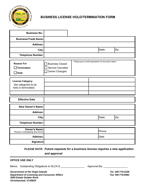 First page of the Business License Hold/Termination Form