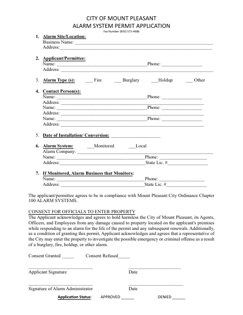 First page of the Alarm System Permit Application