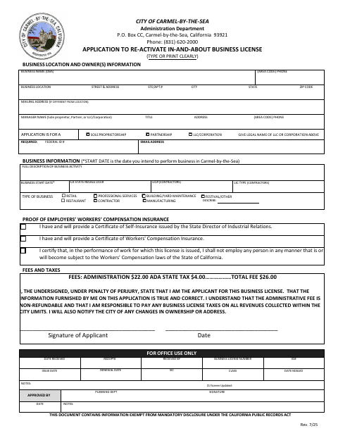 First page of the Application to Re-Activate In-and-About Business License