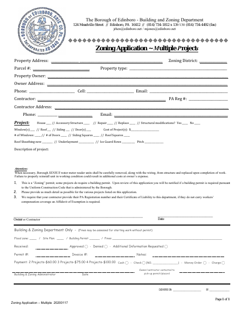 First page of the Zoning Application – Multiple Projects