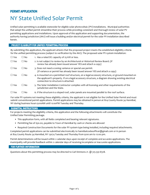 First page of the NY State Unified Solar Permit Application