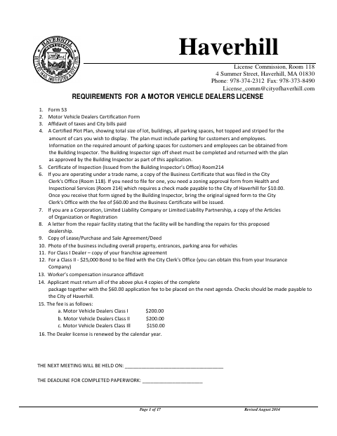 First page of the New Motor Vehicle Dealer License Application