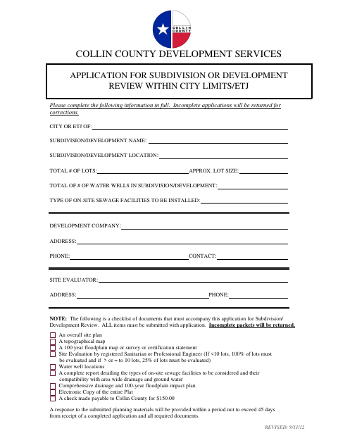 First page of the Application for Subdivision or Development Review Within City Limits/ETJ