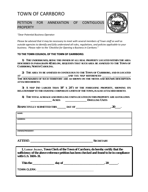 First page of the Petition for Annexation of Contiguous Property