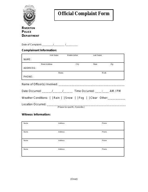 First page of the Official Complaint Form