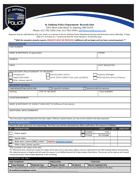 First page of the BWC and Video Records Request