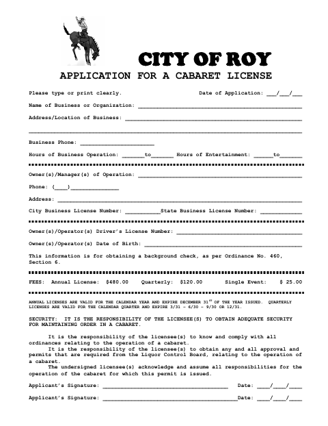 First page of the Application for a Cabaret License
