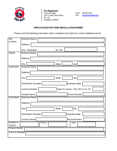 First page of the Application for Tank Installation Permit