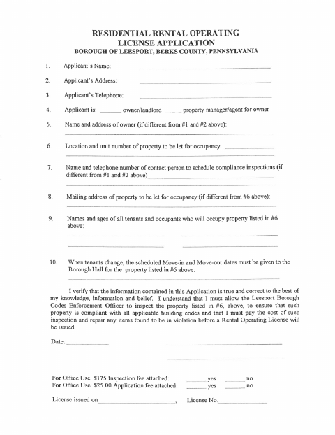 First page of the Residential Rental Operating License Application
