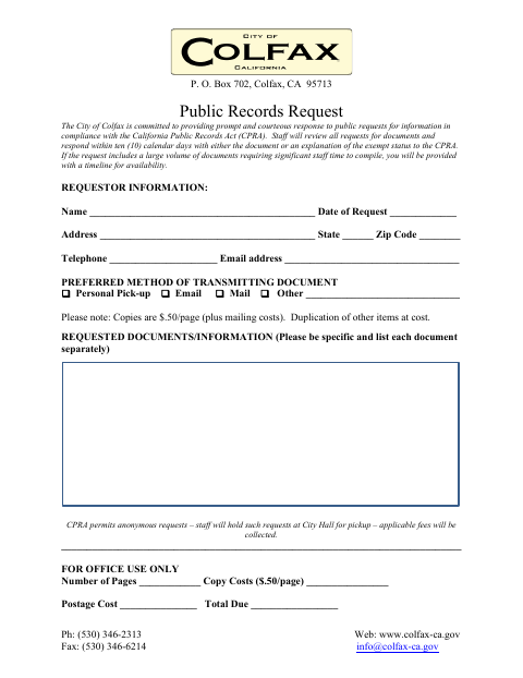 First page of the Public Records Request