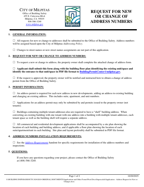 First page of the Request for New or Change of Address Numbers