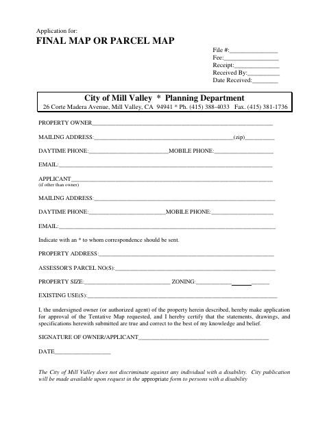 First page of the Final Map or Parcel Map Application