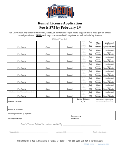 First page of the Kennel License Application