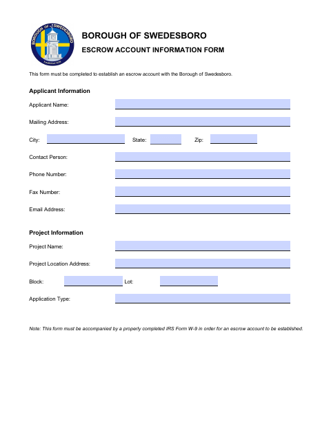 First page of the Escrow Account Information Form